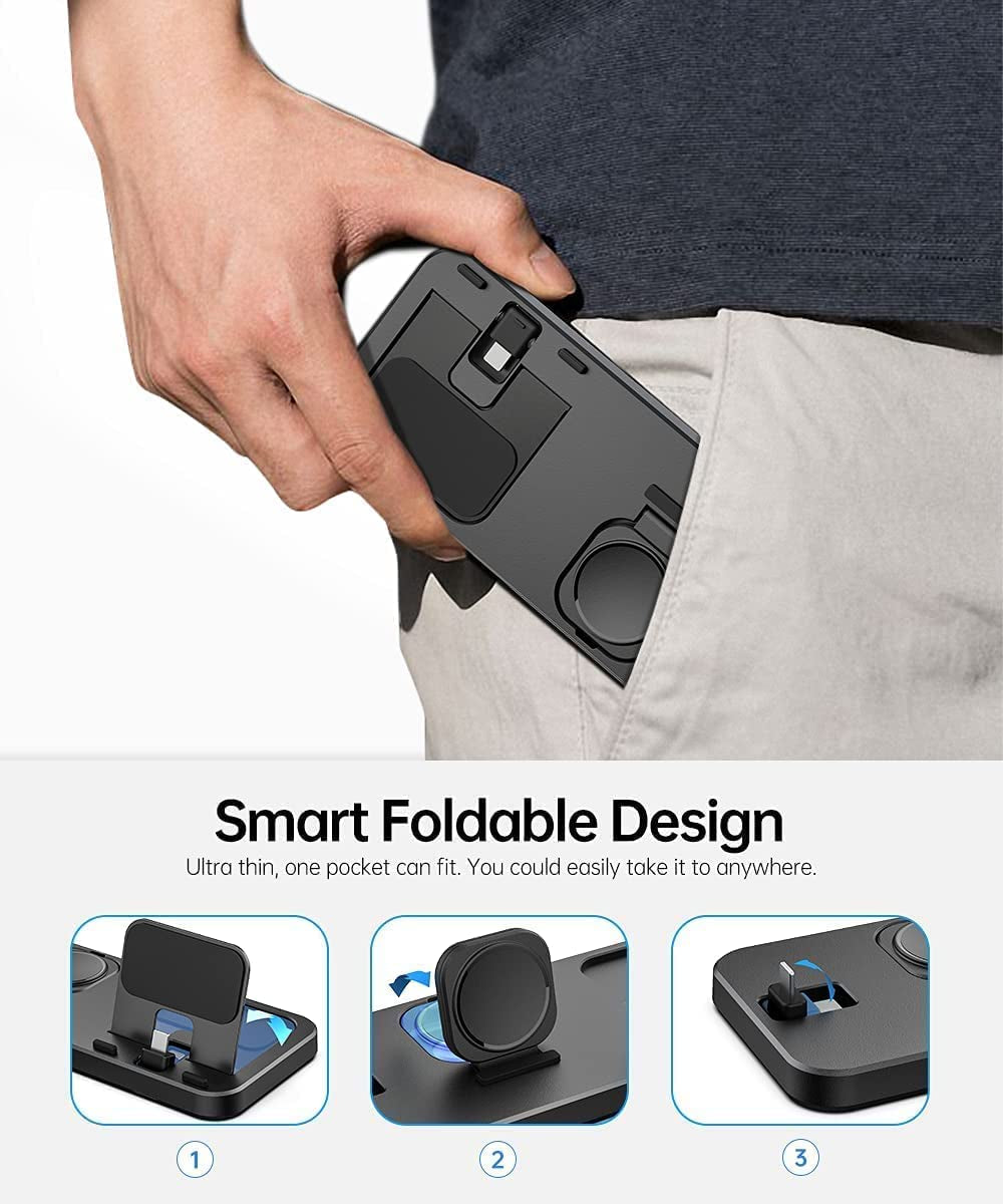 Portable 3 in 1 Charging Station for Apple Devices Foldable for Apple Watch 7/6/SE/5/4/3/2/1 for Iphone Airpods Pro3/2/1 Charging Stand Black