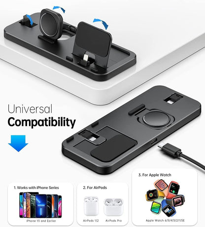 Portable 3 in 1 Charging Station for Apple Devices Foldable for Apple Watch 7/6/SE/5/4/3/2/1 for Iphone Airpods Pro3/2/1 Charging Stand Black